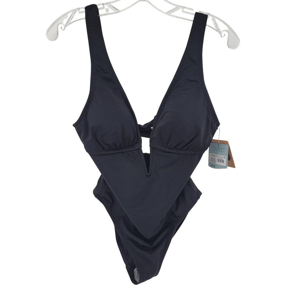 Shade & Shore Black Deep V-Neck Cutout One Piece Swimsuit Tummy Control Sz S 4-6